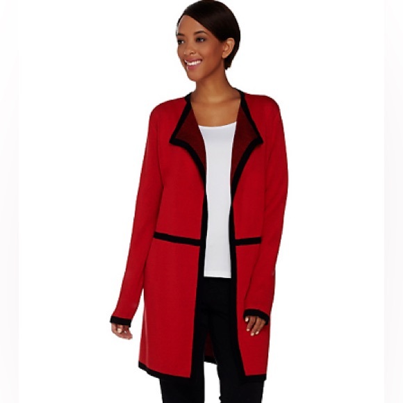 Dennis Basso Open Front Cardigan with Contrast Trim, Red Black, M - Picture 1 of 4
